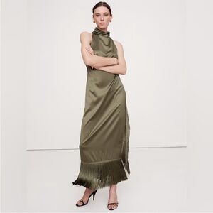 Banana Republic Olive Fringe Maxi Gown Dress with Flapper Fringe